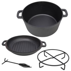 3 in 1 Pre-Seasoned Cast Iron Dutch Oven, Outdoor Camping Deep Pot, 5 Quart. Cover As A Skillet with Ribbed Bottom Design. With 1PC Iron Pot Rack