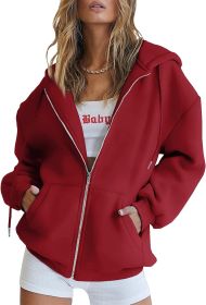 Women's Cute Hoodies Teen Girl Fall Jacket Oversized Sweatshirts Casual Drawstring Clothes Zip Up Y2K Hoodie with Pocket (Color: Red, size: X-Large)