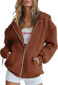 Women's Cute Hoodies Teen Girl Fall Jacket Oversized Sweatshirts Casual Drawstring Clothes Zip Up Y2K Hoodie with Pocket (Color: brown, size: large)