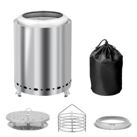 Stainless Steel Smokeless Fire Pit with Foldable Legs Integrated Cylindrical Wood Burning Stove with Alcohol Cover and Storage Bag Portable Silve (Color: Silver)