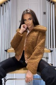 Teddy Borg PU Trim Bomber Jacket (Color: brown, size: 4 US)