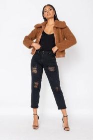 Teddy Borg PU Trim Bomber Jacket (Color: brown, size: 6 US)
