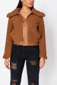 Teddy Borg PU Trim Bomber Jacket (Color: brown, size: 8 US)