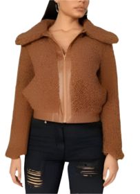 Teddy Borg PU Trim Bomber Jacket (Color: brown, size: 2 US)